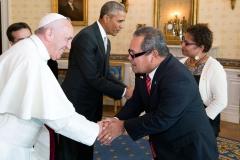 President Barack Obama, First Lady Michelle Obama and Pope Francis greet the U.S. delegation, including Hersey Kyota, Ambassador of the Republic of Palau, Dean of Diplomatic Corps and Mrs. Lydia Shmull Koyota, in the Blue Room of the White House, Sept. 23, 2015. (Official White House Photo by Pete Souza)This photograph is provided by THE WHITE HOUSE as a courtesy and may be printed by the subject(s) in the photograph for personal use only. The photograph may not be manipulated in any way and may not otherwise be reproduced, disseminated or broadcast, without the written permission of the White House Photo Office. This photograph may not be used in any commercial or political materials, advertisements, emails, products, promotions that in any way suggests approval or endorsement of the President, the First Family, or the White House.